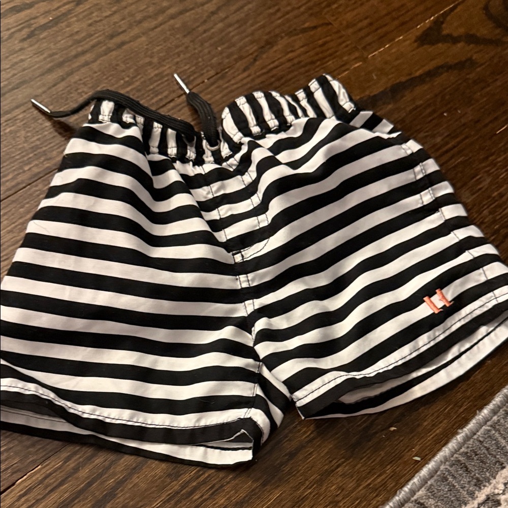Kids Black & White Striped Swim Trunks with Drawstring